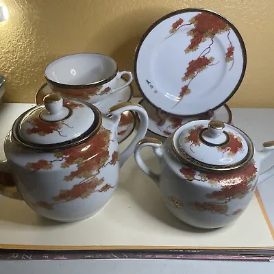 Japanese Hand Painted Gold Gilt Leaves Double Handled Sugar Bowl Tea Set For 2 • $29