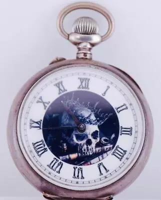 Antique Gothic MEMENTO MORI Silver Pocket Watch-Fancy Enamel Skull Dial C1890s • $781.88