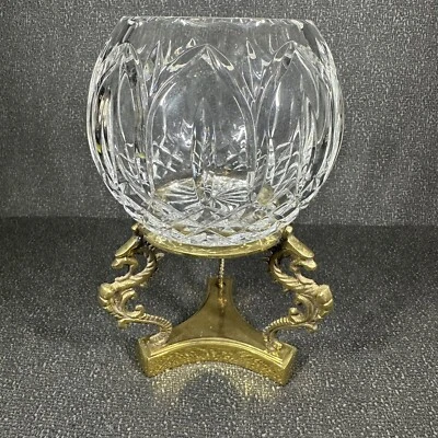 $14 • Buy Vintage Crystal Rose & Votive Candle Bowl Dragon Seahorse Design Brass Stand