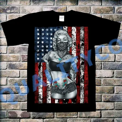 Men's Marilyn Monroe Bandana American Flag T Shirt Dope Sexy Tattoo US USA Tee • $10.99