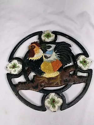 Vintage 7  Round Cast Iron Rooster W/ Flowers Trivet W/ 4 Feet. Handpainted Chic • $12.95