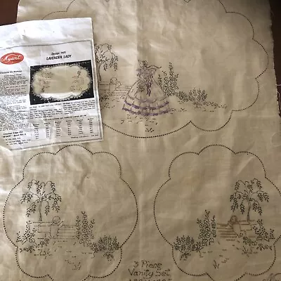 Vintage Lavender Lady Myart Stamped Linen Crinoline Embroidery Dutchess Set 1425 • $54