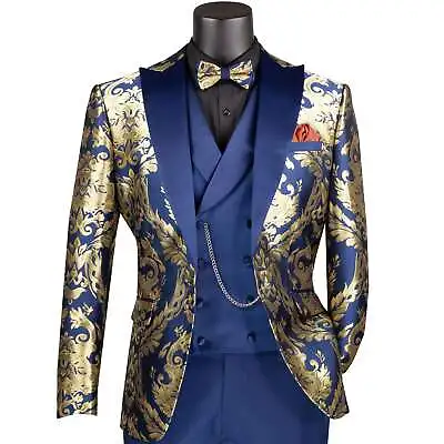 VINCI Men's Navy & Gold Modern Fit 3pc Tuxedo Suit W/ Matching Bow-Tie NEW • $150