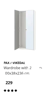 £75 • Buy Ikea Pax Wardrobe 236cm High X 58cm Deepx 75cm Widewhite W.mirrored Hinged Doors