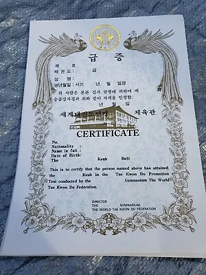 Martial Arts Certificate Color Belt World TaeKwon Do Pack Of 10 • $9