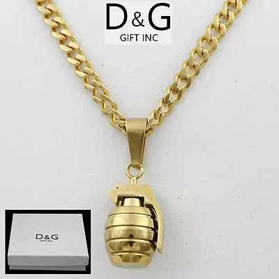 DG Men's 20  Stainless-Steel Gold Cuban Curb Necklace.Grenade Mini Pendant + Box • $18.99