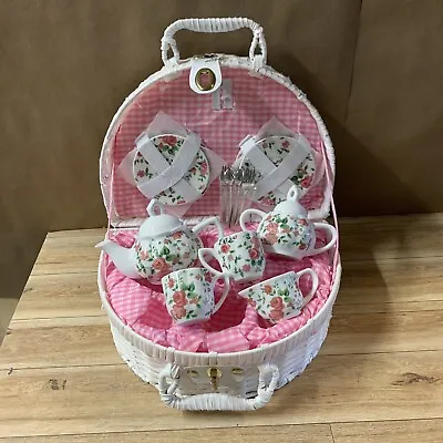Delton Fine Collectible Tea Set Porcelain Pink Chintz Kids Mini Floral Basket • $85.99