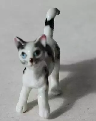 Cat Figurine Miniature Bone China Cat Blue Eyes Paw Up Black White Cat Figurine • $9.99