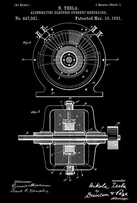 1891 - Alternating Electric Current Generator - N. Tesla - Patent Art Poster • $14.99