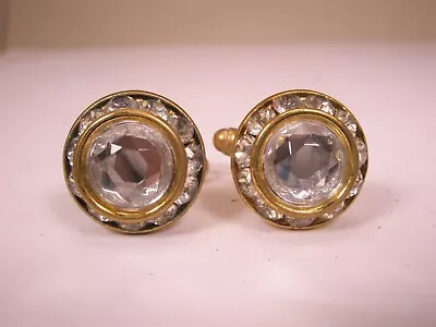 White Rhinestone Gold Tone Vintage Cuff Links Simple Design • $32.49