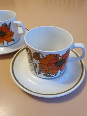 £6 • Buy Vintage J & G Meakin Studio 1970s Orange Poppy Cup & Saucers X 2 