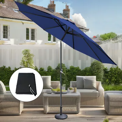 2.7M Outdoor Garden Parasol Blue Sun Shade Umbrella Crank Tilt With Base Cover • £75.99