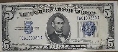 1934 $5 Dollar Bill Blue Seal & Serial T66133380a Tp-2886 • $89