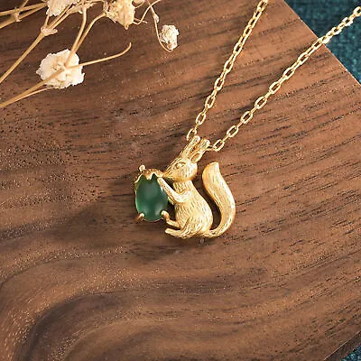 $9.34 • Buy Jade Jewelry Squirrel Acorn Charm Pendant With Chain Necklace 18K Gold Plated