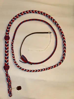 Bull Whip - Red & White & Blue Paracord Nylon On Leather 16 Ply -  8ft Handmade • $87.99