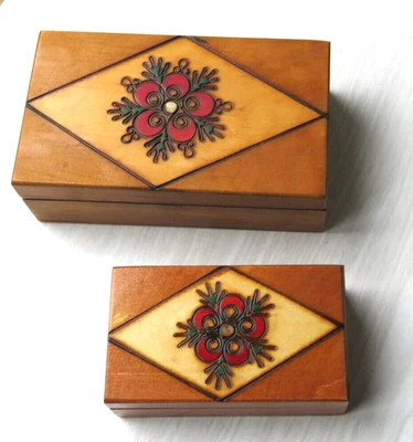 £15 • Buy Pyrograph & Paint European Folk Art Boxes Set Of 2 Stacking Jewellery Trinket