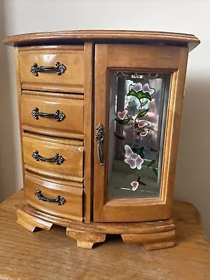 Vintage Mele Musical Wooden Wardrobe Jewellery Box Floral Glass Detail Drawers • £28.50