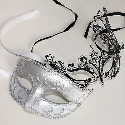 Men Women Couple Black Laser Cut Filigree Mask And Silver Venetian Mask New • $10.99