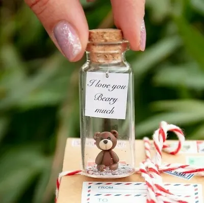 Tiny Kawaii Bear Figurine And Love Message In A Bottle - Anniversary Present  • $24.99