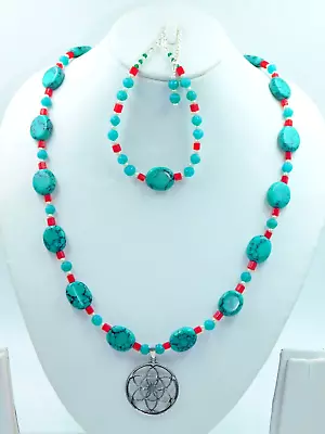 Gorgeous Faux Turquoise Necklace With Mandala Pendant & Bracelet Jewelry Set • $27.31