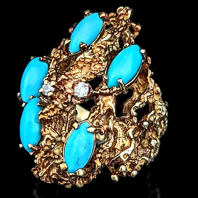 1970s Diamond Turquoise 14k Gold Ring Cocktail Vintage Brutalist Modernistic • $989