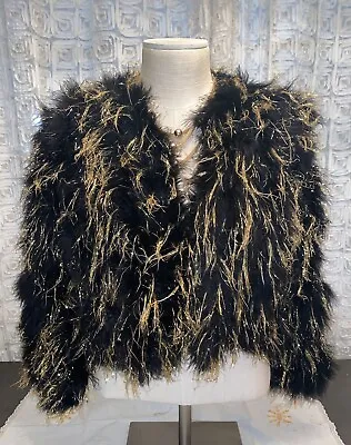 Rare Vintage Black Marabou & Gold Fur & Tinsel Jacket Feather Coat Holly Glamour • $289