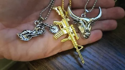 Lot Of 3 Stainless Steel Necklaces(Motorcycle AK-47 And Bull) • $22.99