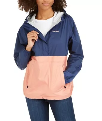 Marmot PreCip Eco Anorak Hooded Packable Jacket Navy/Pink S M L NWT MSRP $90 • $59.95