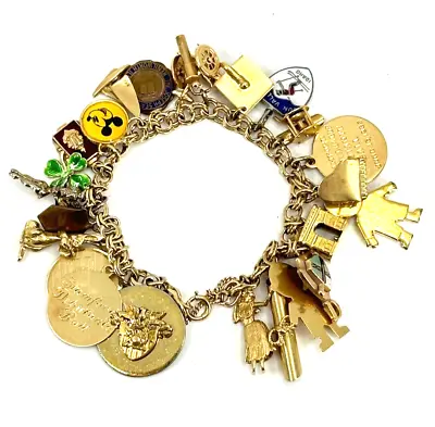 57 Gram Vtg Solid 14K 10K Mixed Metal Travel 24 Charm Bracelet Disney Hawaii (B) • $1250