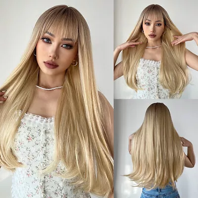 Long Straight Dark Roots Blonde Human Hair Blend Heat Ok Wigs Women Soft Natural • $19.19