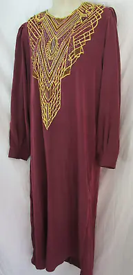 Jordanian Islamic Arabic Long Maroon Embroidered Front Maxi Tunic Dress Gown • $17.99