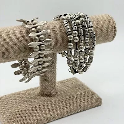 Set Of Two Handmade Ethnic-Inspired Vertebrae Pierced Bead Silver Tone Bracelets • $39