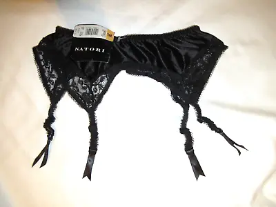 VINTAGE SATIN STRETCH Nylon New GARTER BELT By NATORI Size S Black W/lace Trim • $14.99