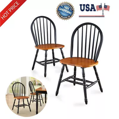 Wooden Dining Chairs Home Kitchen Farmhouse Furniture Black Oak Wood Set Of 2 • $141.08