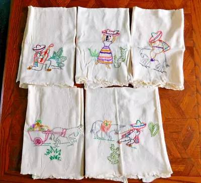 5 Vintage Hand Embroidered Flour Sack Dish Towels Mexican Señor SeñoritaBurro • $25