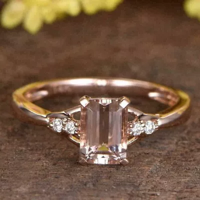 2 Ct Emerald Cut Peach Morganite Lab Created Split Shank Ring 14K Rose Gold Over • $116.99