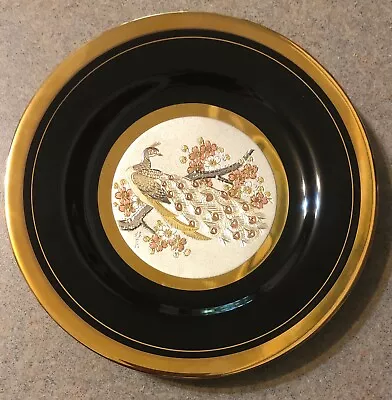 Vintage The Art Of Chokin 6.5  Black Plate 24KT Gold Edged Peacock Japan • $6