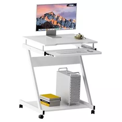  Small Rolling Computer Desk Z Shape Laptop Desk Cart On Wheels Mobile White • $85.15
