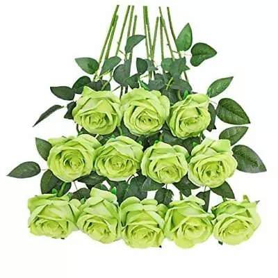  Roses Artificial Flowers 12Pcs Realistic Long Single Stem Fake Silk Green • $29.79