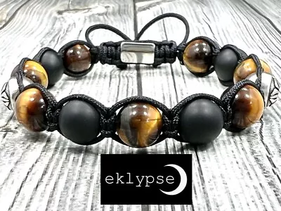 Hip Steel Macrame Adjustable 10mm Onyx+Tigers Eye Gemstone Beaded Men's Bracelet • $19.99