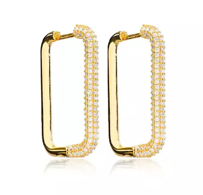 Exquisite Micro Pave 14K Gold Plated Rectangular Cubic Zirconia Hoop Earrings • $11.95