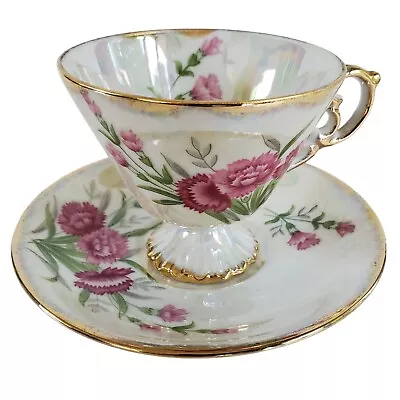 VTG Norleans Tea Cup & Saucer Set Japan January Footed Pink Carnation Porcelain • $21.30