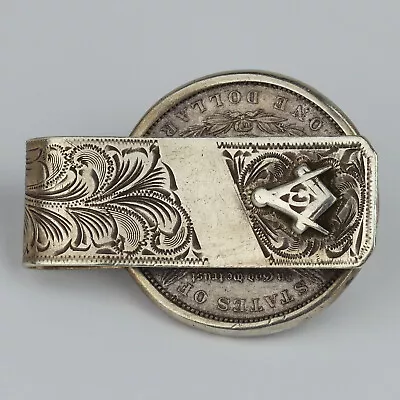 Vintage Sterling Silver Freemason Masonic Money Clip W/1889 Morgan Dollar Coin • $99.99