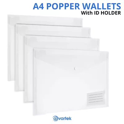 20 A4 POPPER WALLETS Plastic Document Folders ENVELOPE Stud ID HOLDER CLEAR • £2.75