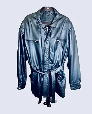 Mens Black Leather Winter Trench Coat Lined W/Belt Zipper & Snaps • $42