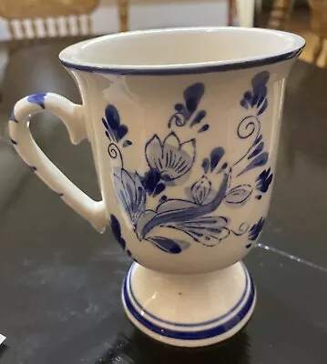 Vero Delfts Blue 4.5  Hand Painted Cobalt Windmill Floral Footed Coffee Mug Cup • $10