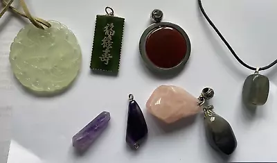 Collection 8 Pendants Of Natural Semi Precious Stones Inc Chinese Jade Dragon • £9.99