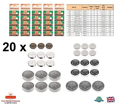 20 X Alkaline Watch Calculator Button Cell Batteries  AG1 AG3 AG4 AG12 AG13 More • £3.06
