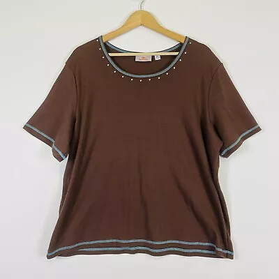 Quacker Factory Brown Rhinestone Bling Trim Short Sleeve Top Tee Shirt Womens XL • $17.99