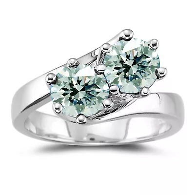 2 Stone 2.14 Ct V Vs1;Blue White Round Moissanite Diamond Engagement Silver Ring • $0.99